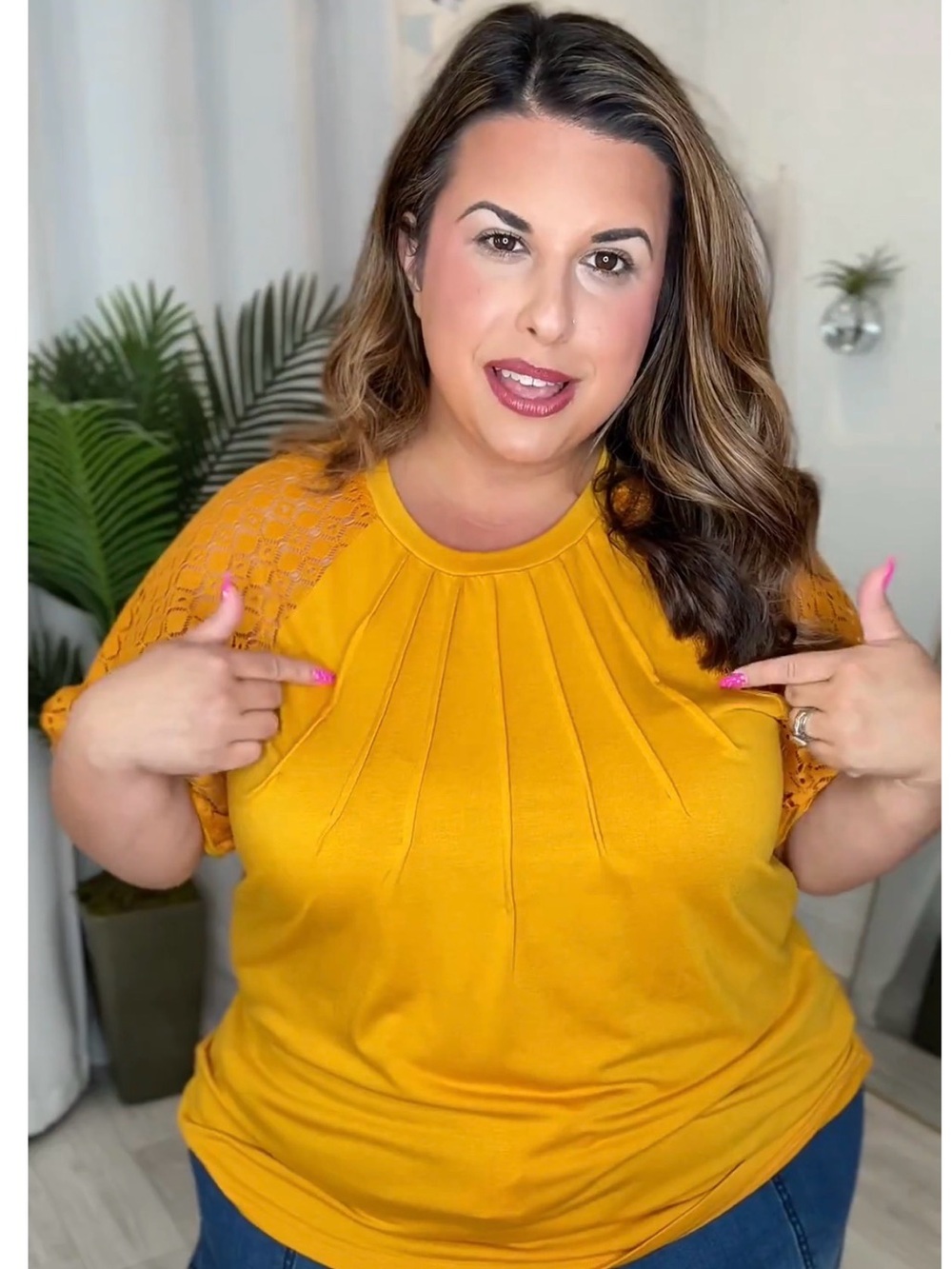 Plus Mustard Lace Sleeve Pleated Women's Top